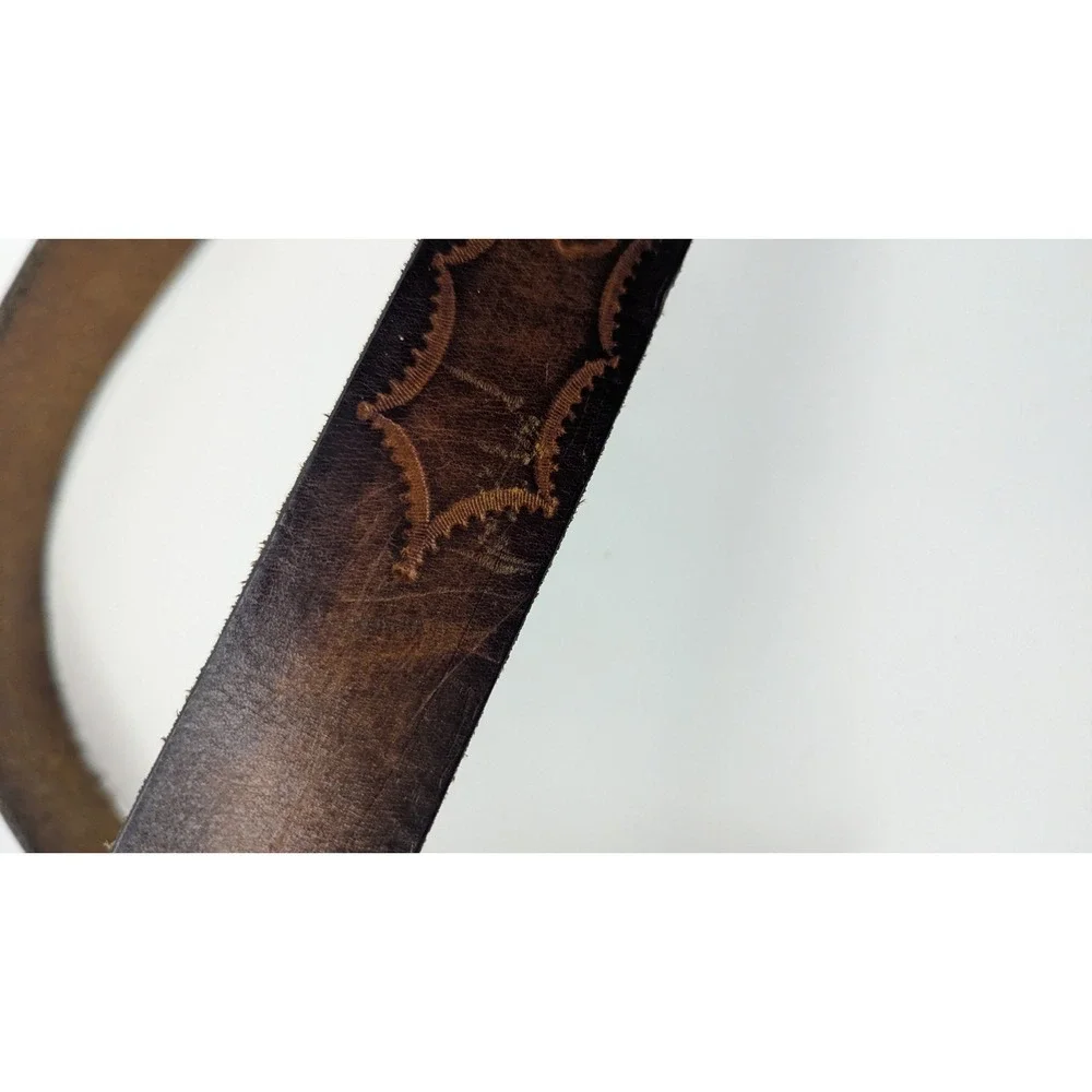 Vintage Hand Tooled 37-40 Leather California Mountain Scene Belt Dark Brown Snap